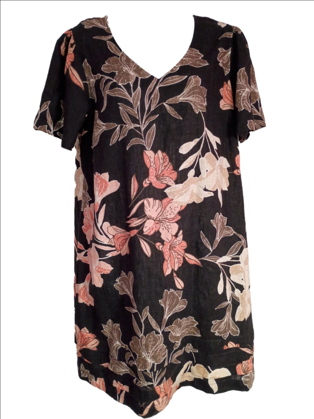 Floral V-Neck Black Mini Dress with Coral and Cream Blooms Linen/Viscose Fabric